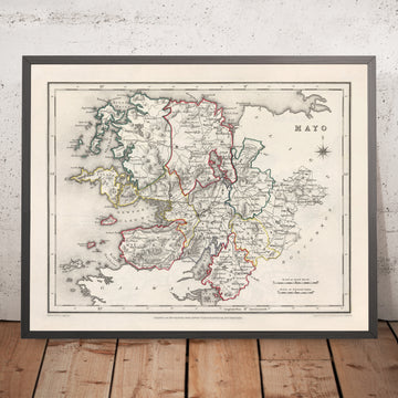 Vecchia mappa della contea di Mayo di Samuel Lewis, 1844: Westport, Ballina, Castlebar, Isola di Achill, Baia di Clew 
