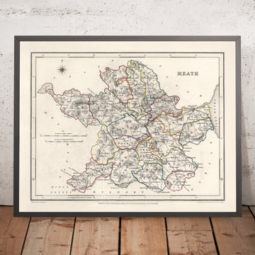 Mapa antiguo del condado de Meath por Samuel Lewis, 1844: Navan, Trim, Kells, Athboy, Hill of Tara