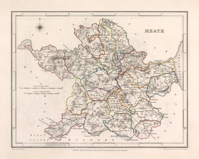 Alte Karte der Grafschaft Meath von Samuel Lewis, 1844: Navan, Trim, Kells, Athboy, Hill of Tara