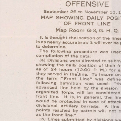 Old Military Map of Meuse-Argonne Offensive WW1 by Pershing, 1918: Verdun, Montfaucon, Sedan, Romagne, Cunel