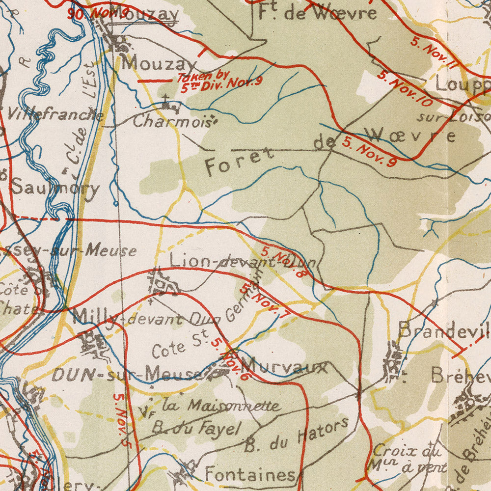 Old Military Map of Meuse-Argonne Offensive WW1 by Pershing, 1918: Verdun, Montfaucon, Sedan, Romagne, Cunel