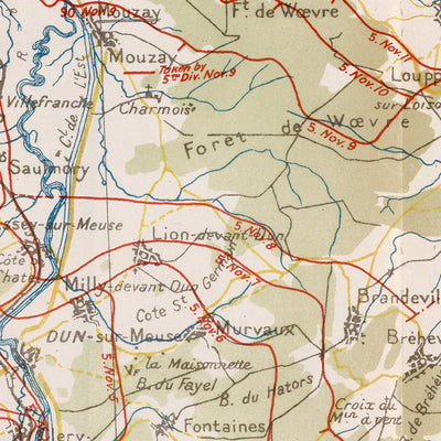 Old Military Map of Meuse-Argonne Offensive WW1 by Pershing, 1918: Verdun, Montfaucon, Sedan, Romagne, Cunel