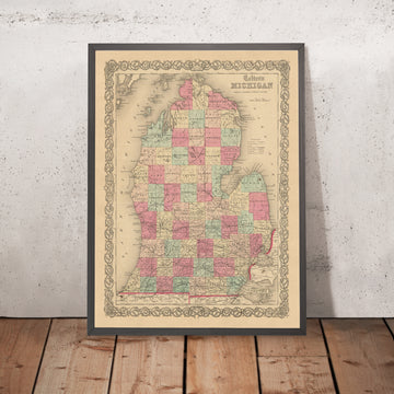 Alte Karte von Michigan von J.H. Colton, 1855: Detroit, Grand Rapids, Ann Arbor, Lansing, Kalamazoo 