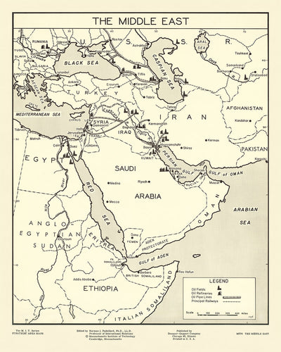 Ancienne carte infographique de l'industrie pétrolière du Moyen-Orient par Padelford, 1950 : champs de pétrole, pipelines, chemins de fer