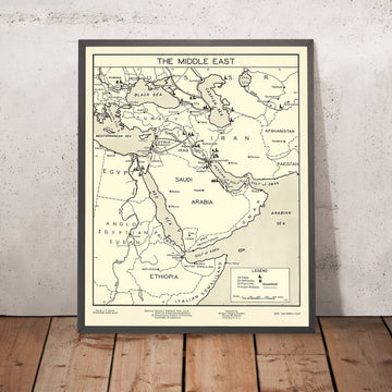 Old Map of Middle East Oil Industry by Padelford, 1950: Oil Fields, Pipelines, Railways, Saudi Arabia, Iran, UAE