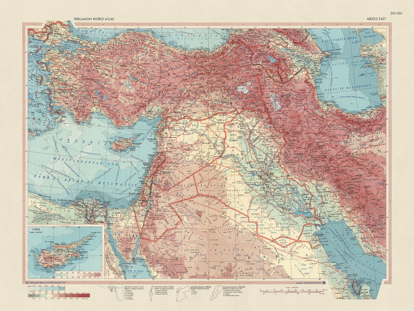 Ancienne carte du Moyen-Orient réalisée par le service topographique de l'armée polonaise, 1967 : représentation politique et physique détaillée, inclusion de Chypre en médaillon, couverture étendue du Qatar au Caire