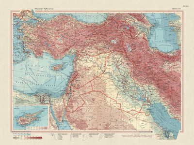 Ancienne carte du Moyen-Orient réalisée par le service topographique de l'armée polonaise, 1967 : représentation politique et physique détaillée, inclusion de Chypre en médaillon, couverture étendue du Qatar au Caire