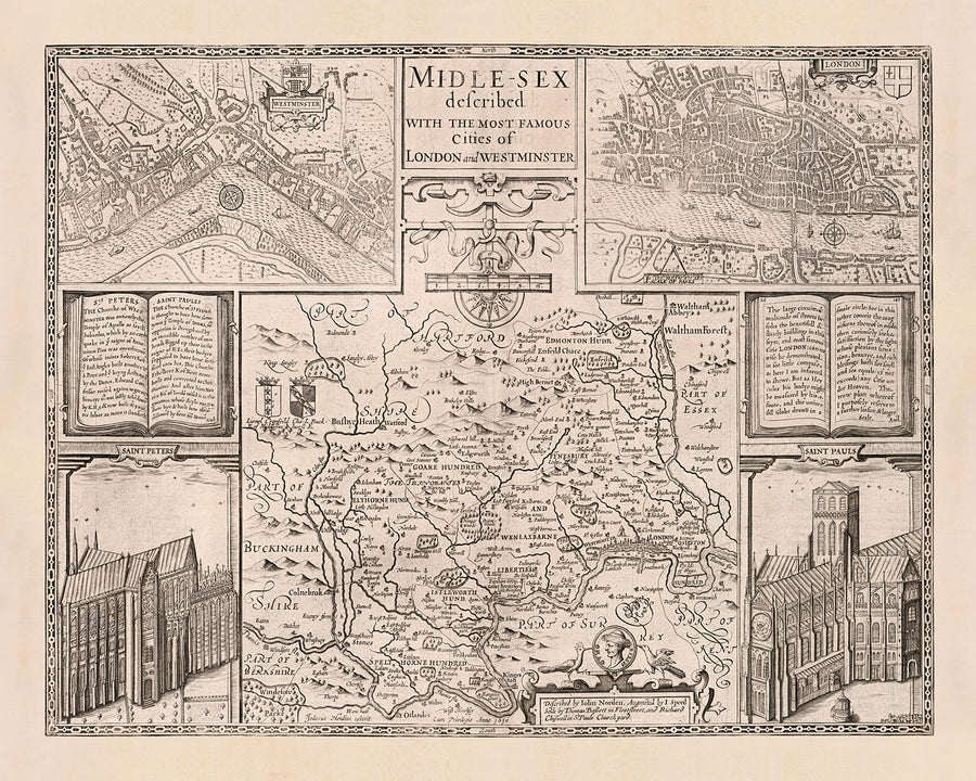 Alte Karte von Middlesex von John Speed, 1676: London, Westminster, Highgate, Harrow, Brentford und Uxbridge 