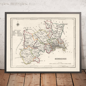 Mapa antiguo de Middlesex por Samuel Lewis, 1844: Londres, Westminster, Kensington, Chelsea, Richmond