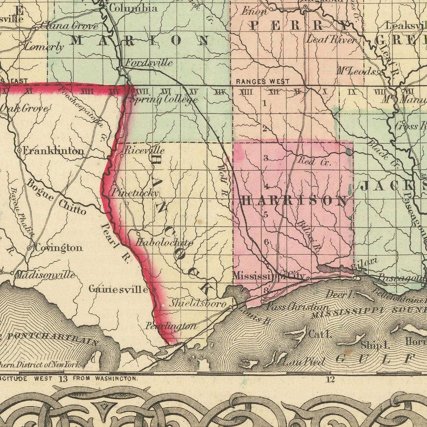 Old Map of Mississippi by J.H. Colton, 1855: Jackson, Vicksburg, Natchez, Columbus, and Meridian