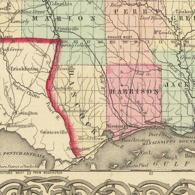 Old Map of Mississippi by J.H. Colton, 1855: Jackson, Vicksburg, Natchez, Columbus, and Meridian