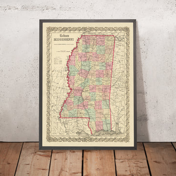 Vecchia mappa del Mississippi di J.H. Colton, 1855: Jackson, Vicksburg, Natchez, Columbus e Meridian 