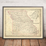 Mappa antica del Missouri di J. H. Colton, 1860: St. Louis, Kansas City, Springfield, Independence, Jefferson City 