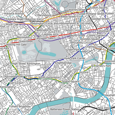 Carte moderne de Londres avec de véritables itinéraires de métro et de train de banlieue 
