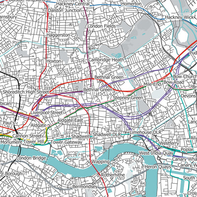 Carte moderne de Londres avec de véritables itinéraires de métro et de train de banlieue 