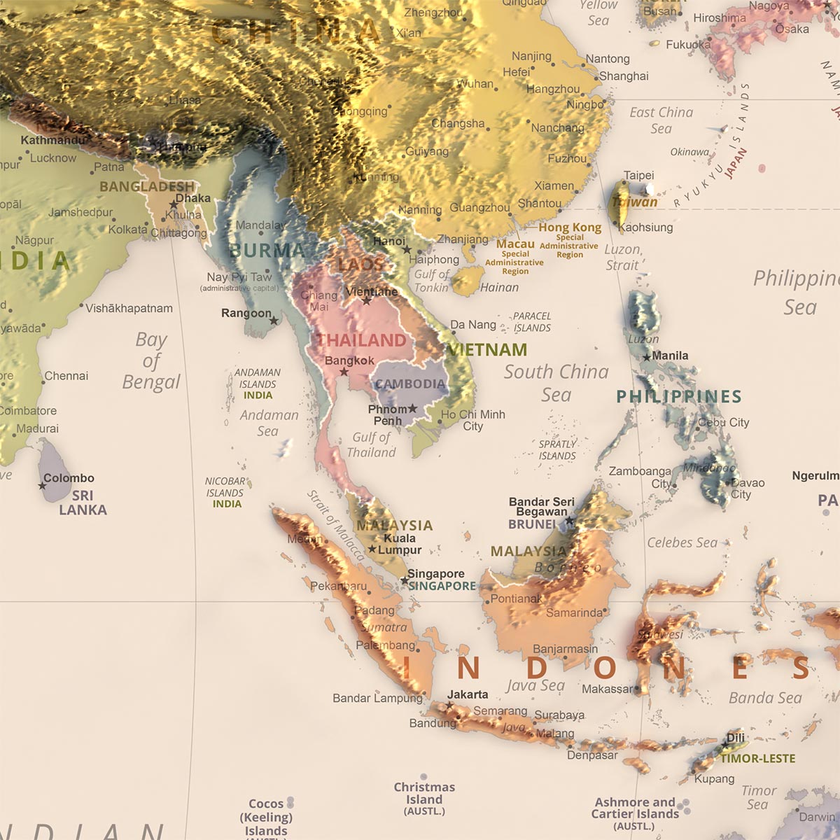 Modern World Map: Political Borders, Robinson Projection, Capitals & Major Cities