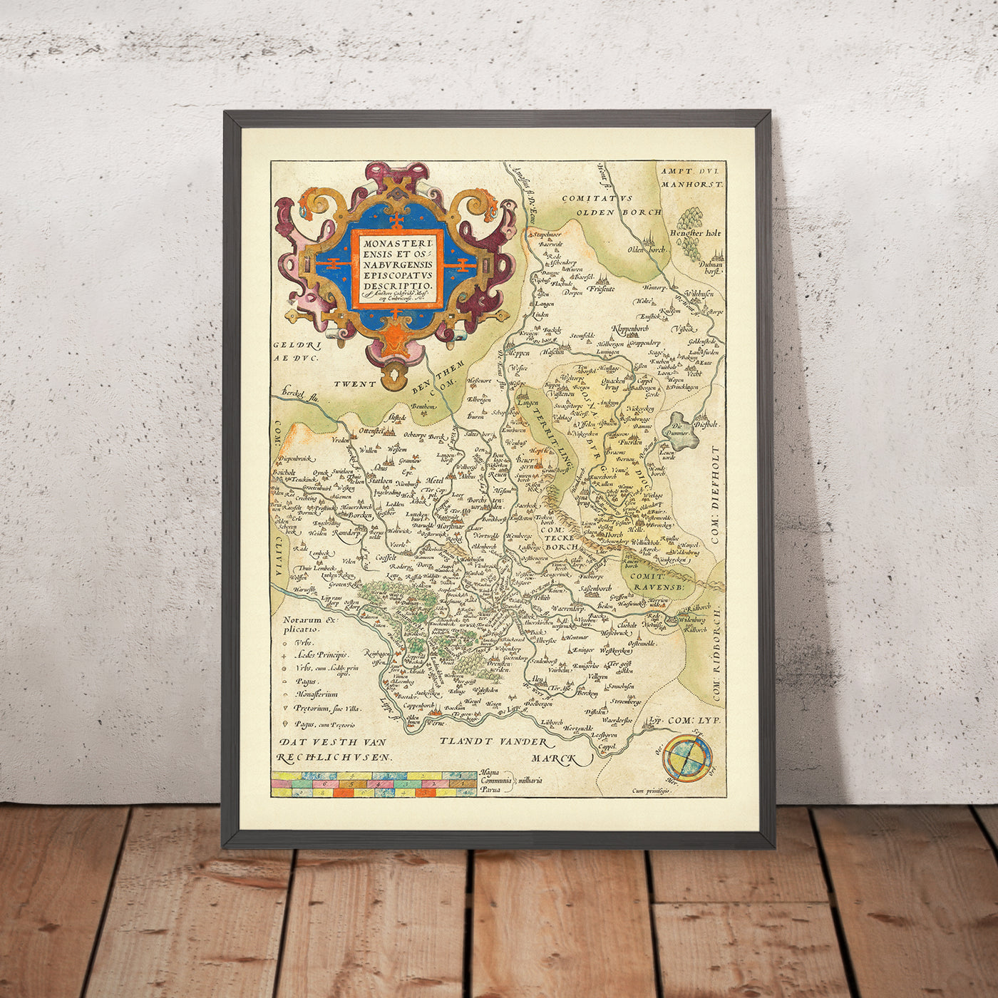 Mapa antiguo de Renania del Norte-Westfalia y Baja Sajonia de Ortelius, 1587: Münster, Osnabrück, río Lippe, bosques, cartela ornamentada