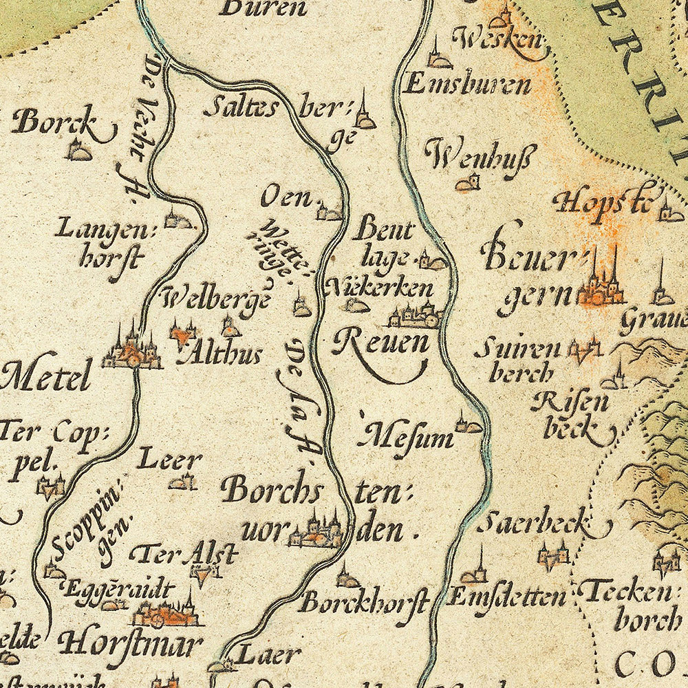 Carte ancienne de la Rhénanie-du-Nord-Westphalie et de la Basse-Saxe par Ortelius, 1587 : Münster, Osnabrück, rivière Lippe, forêts, cartouche orné