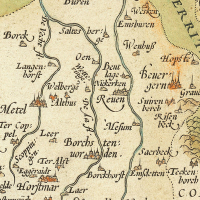 Mapa antiguo de Renania del Norte-Westfalia y Baja Sajonia de Ortelius, 1587: Münster, Osnabrück, río Lippe, bosques, cartela ornamentada