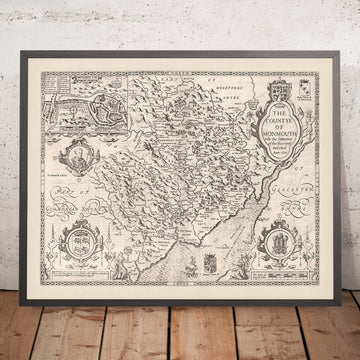 Mapa antiguo de Monmouthshire realizado por Speed, 1610: Monmouth, Abergavenny, Chepstow, Newport, Usk