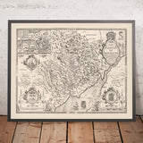 Mapa antiguo de Monmouthshire realizado por Speed, 1610: Monmouth, Abergavenny, Chepstow, Newport, Usk
