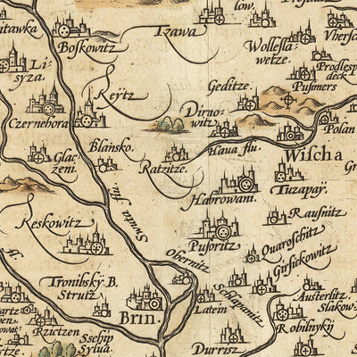 Alte Karte von Mähren von Ortelius, 1608: Brünn, Olmütz, Flüsse, Berge, befestigte Städte