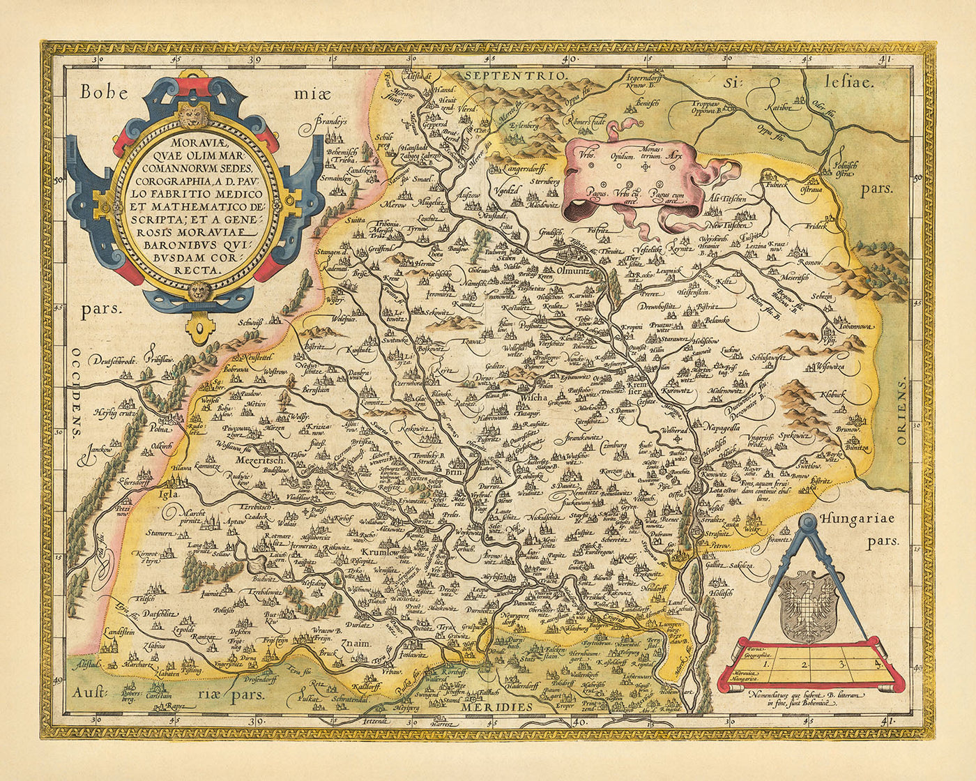 Carte ancienne de la Moravie par Ortelius, 1608 : Brno, Olomouc, rivières, montagnes, villes fortifiées