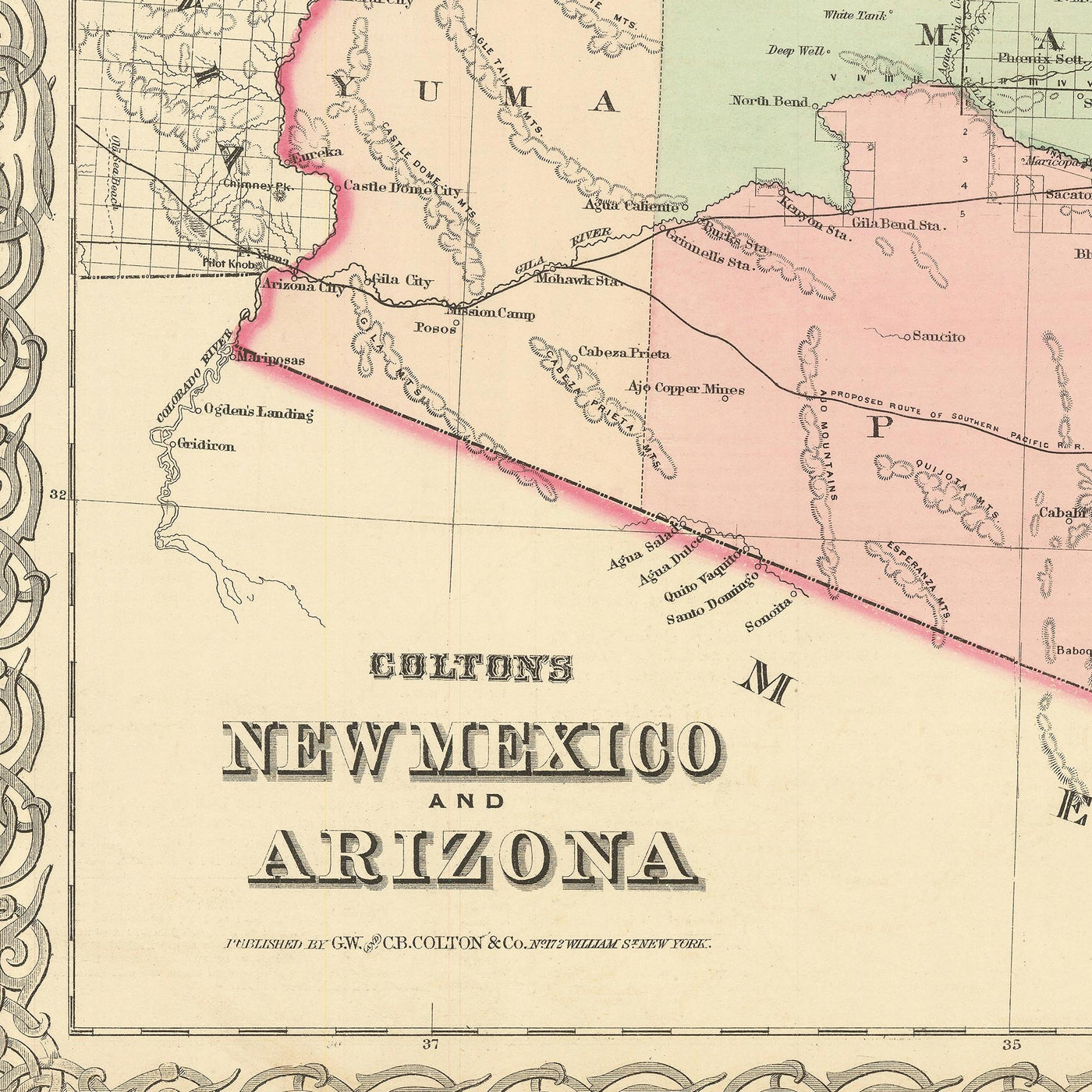 Old Map of New Mexico & Arizona by Colton, 1873: Santa Fe, Tucson, Albuquerque, Prescott, and Mesilla