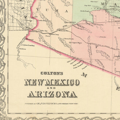 Old Map of New Mexico & Arizona by Colton, 1873: Santa Fe, Tucson, Albuquerque, Prescott, and Mesilla