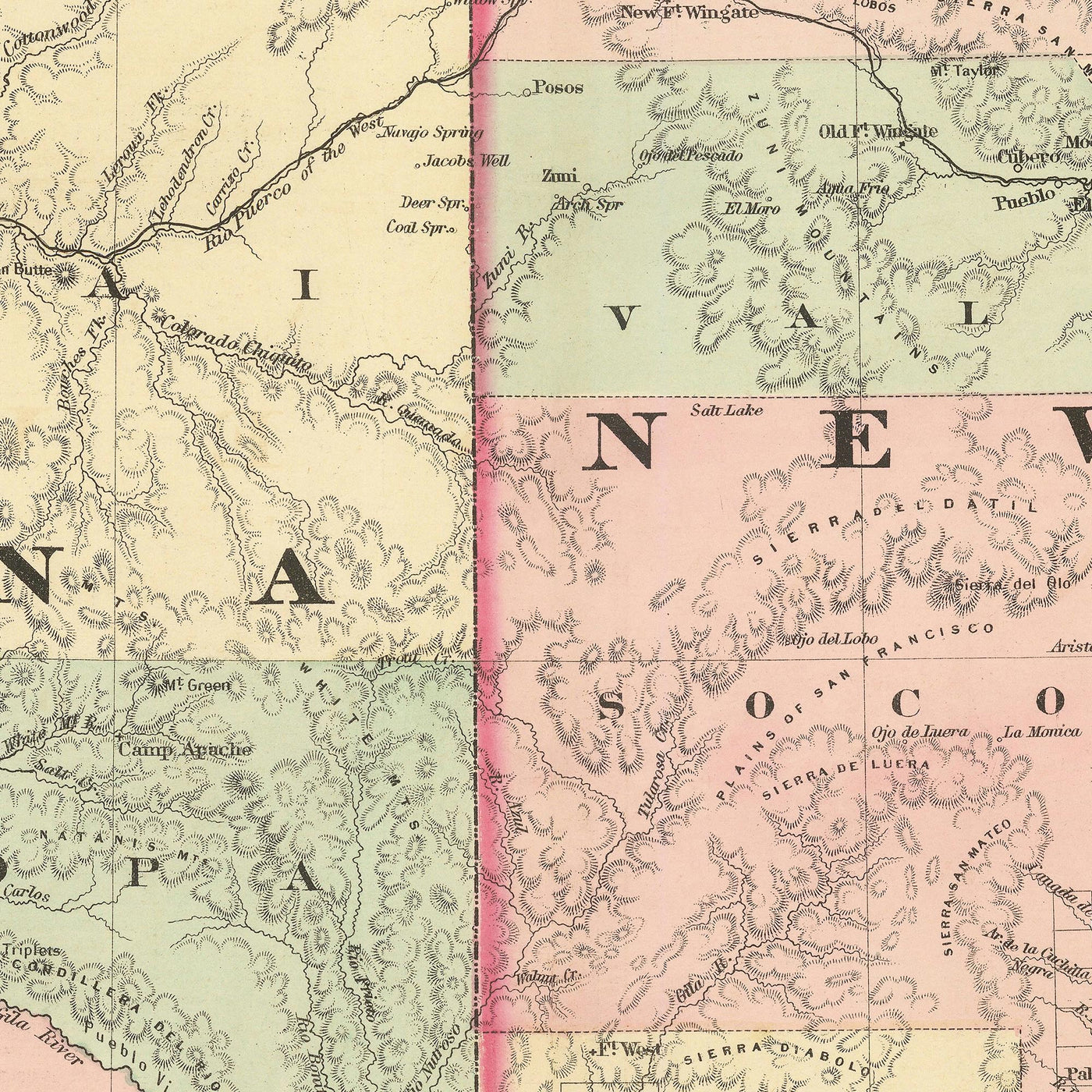 Old Map of New Mexico & Arizona by Colton, 1873: Santa Fe, Tucson, Albuquerque, Prescott, and Mesilla