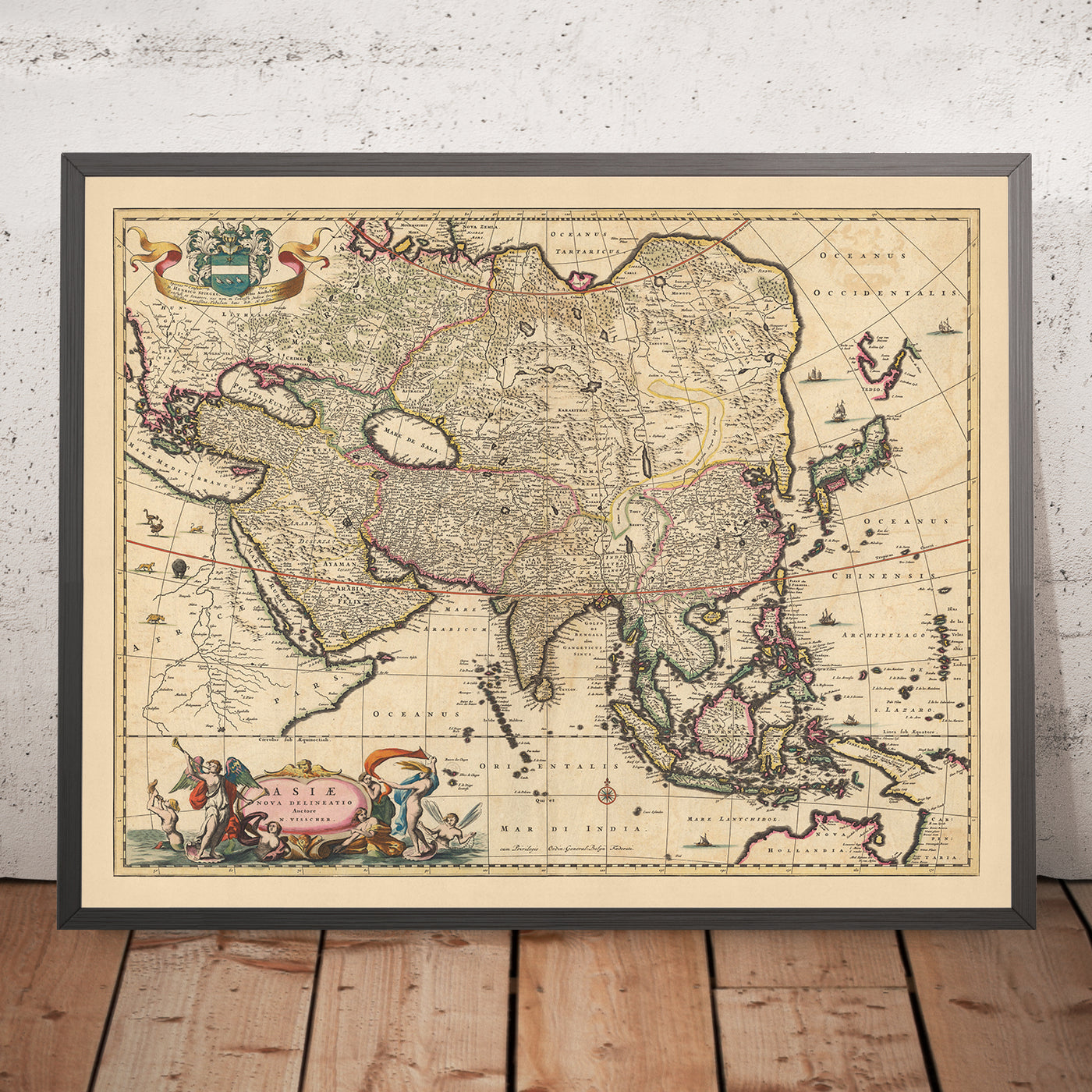 Antiguo mapa de Asia de Visscher, 1690: Oriente Medio, Asia oriental, Asia central, Asia meridional, Asia sudoriental