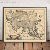 Ancienne carte de l'Asie par Visscher, 1690 : Moyen-Orient, Asie de l'Est, Asie centrale, Asie du Sud, Asie du Sud-Est