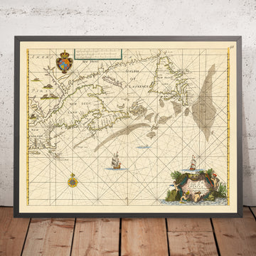 Antigua carta naval desde Cape Cod hasta Terranova por Seller, 1674: Nueva Inglaterra, Nueva Escocia, Península de Avalon 