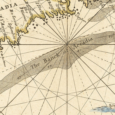 Mapa antiguo de la costa de América del Norte realizado por el vendedor, 1674: Terranova, Cabo Cod, Península de Avalon, Comercio de pieles de la Compañía de la Bahía de Hudson, Tratado de Westminster.