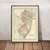 Alte Karte von New Jersey von J. H. Colton, 1855: Newark, Jersey City, Paterson, Trenton und Camden 
