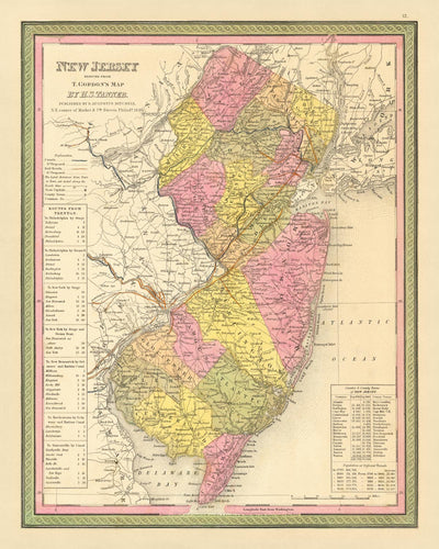 Mapa antiguo de Nueva Jersey de Tanner, 1847: Garden State, Nueva York, Filadelfia, Trenton, Princeton y Camden