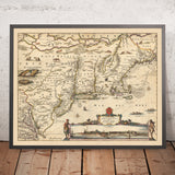 Old Map of New Netherland, New England and Part of Virginia by Visscher, 1690: New York, New Amsterdam, Indian Settlements