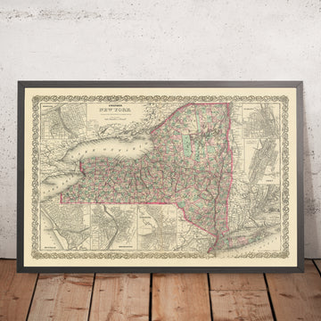 Mappa Antica di New York di J.H. Colton, 1874: New York City, Buffalo, Rochester, Albany, Syracuse 