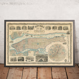 Seltene alte große Karte von New York City von Phelps, 1857: Central Park, Hudson River, alte Illustrationen 