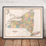 Mapa antiguo del estado de Nueva York de Tanner, 1819: ciudad de Nueva York, Albany, West Point, Plattsburgh y lago Champlain