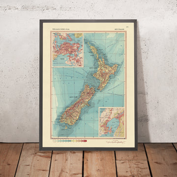 Mappa Antica della Nuova Zelanda, 1967: Auckland, Wellington, Isola del Nord, Isola del Sud, Stretto di Cook 