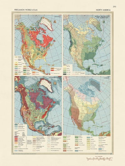 Ancienne carte infographique de la géologie nord-américaine, 1967 : géologie, géomorphologie, climat
