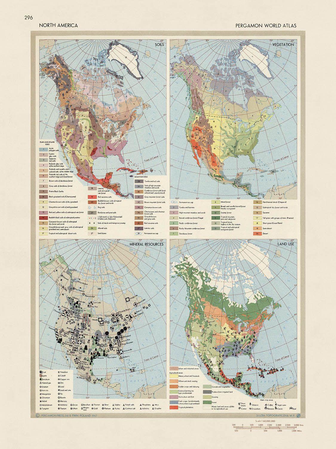 Infografik-Karte von Nordamerika vom Topografischen Dienst der polnischen Armee, 1967: Landnutzung, Vegetation, Bodenschätze