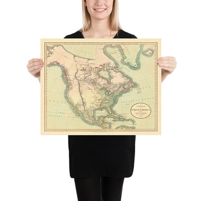 Ancienne carte de l'Amérique du Nord par Cary, 1806 : achat de la Louisiane, montagnes Rocheuses, océan Arctique, baie d'Hudson, passage du Nord-Ouest