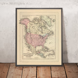 Alte Karte von Nordamerika von Mitchell, 1884: New York, Rocky Mountains, Hudsons Bay, Polarregionen, Mexiko-Stadt 