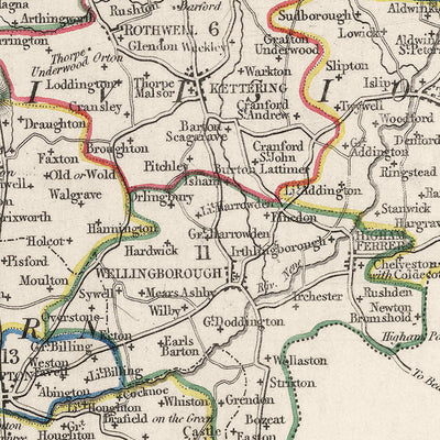 Old Map of Northamptonshire by Samuel Lewis, 1844: Northampton, Kettering, Corby, Wellingborough, and Rushden