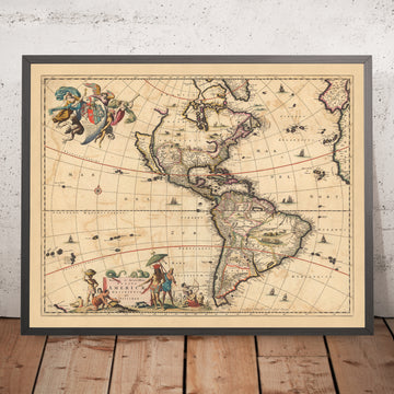 Old Map of the Americas by Visscher, 1690: Central America, Caribbean, Polynesia, Atlantic Islands, Amazon Rainforest