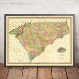 Old Map of North & South Carolina by Tanner, 1823: Charleston, Columbia, Charlotte, Raleigh, and Wilmington