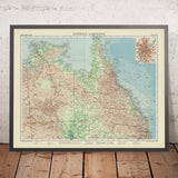 Mappa antica del Queensland e del Territorio del Nord di Bartholomew, 1958: Brisbane, Darwin, Grande Barriera Corallina, Cape York 