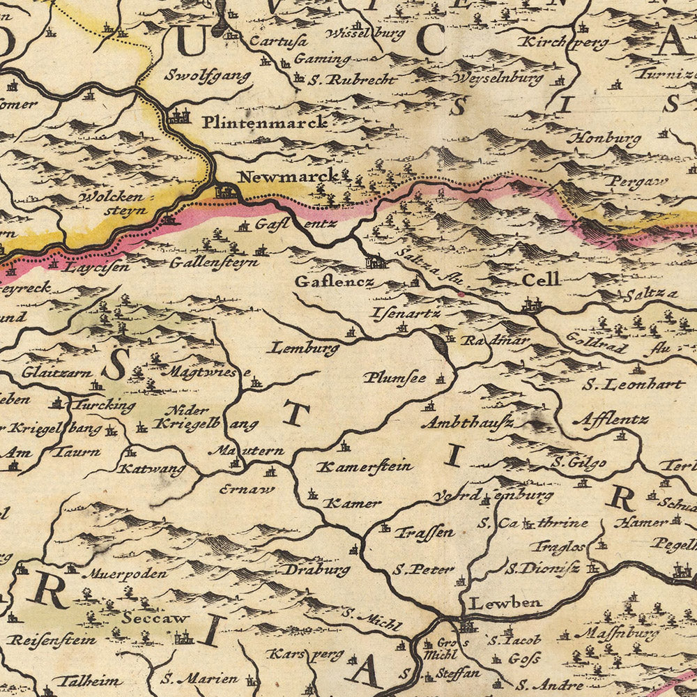 Mapa antiguo del Círculo del Norte de Austria por Visscher, 1690: Viena, Graz, Linz, Maribor, Parque Nacional Gesäuse